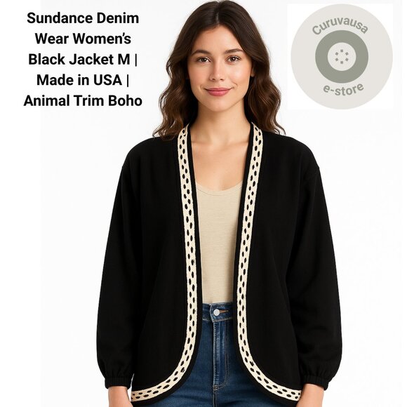 Sundance Denim Wear Black Jacket w/ Animal Print Trim | Made in USA | M - Picture 1 of 15